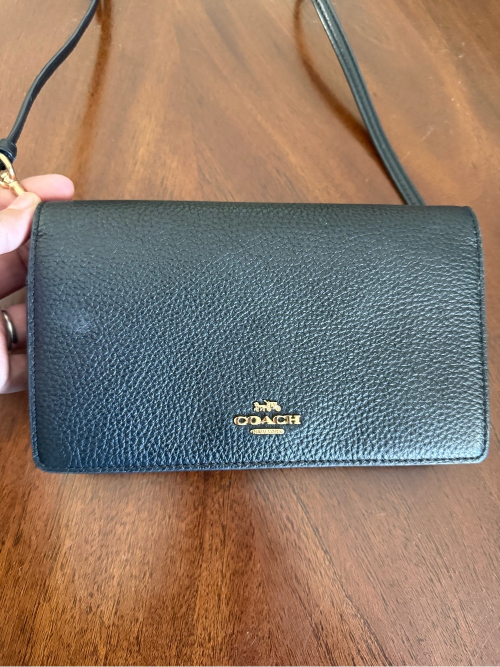 Coach Black Pebbled Leather Crossbody Wallet with Gold Logo